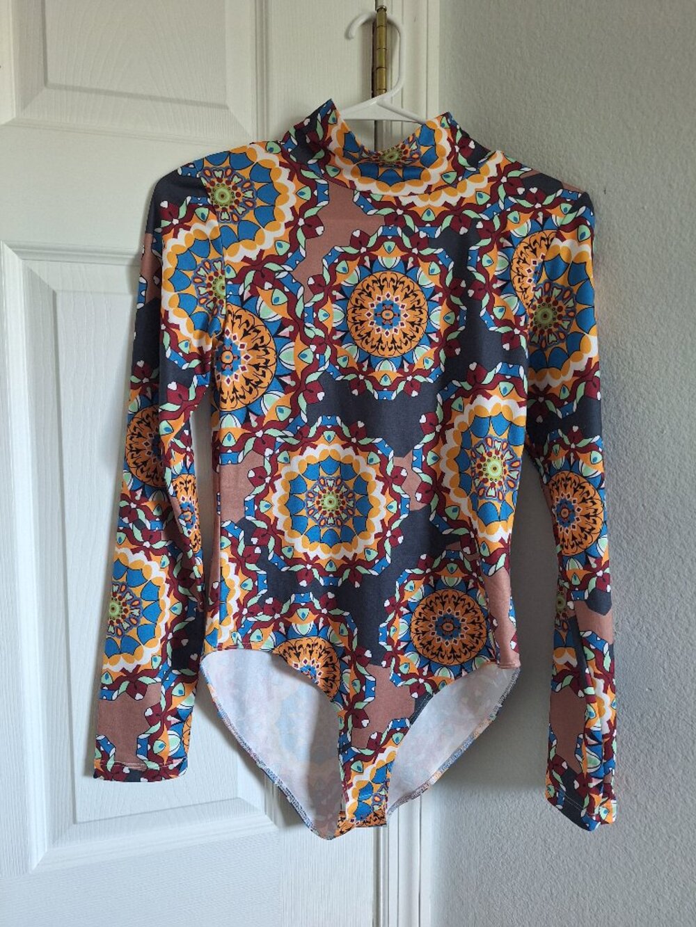 Mangopop Retro Mandala Print Mock Neck Bodysuit Long Sleeve Multicolor
